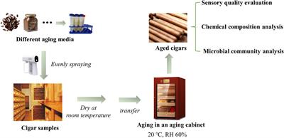 Sensory attributes, chemical and microbiological properties of cigars aged with different media